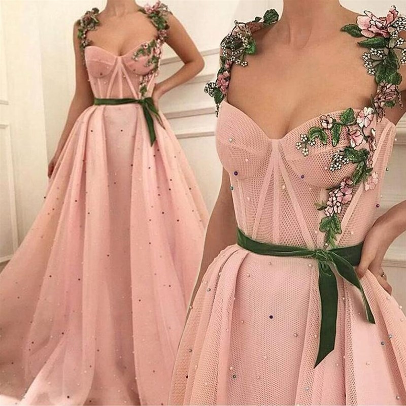 推荐Pink A-line Straps Green 3D Floral Matte Tulle Elegant L - 图0