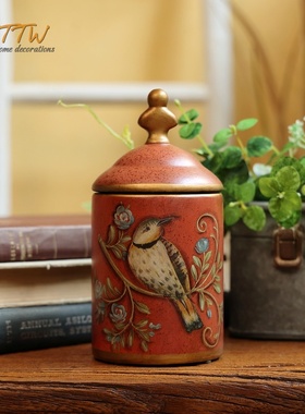 法式乡村做旧花鸟带盖收纳罐储物C瓶桌面摆件家居饰品陶瓷装饰工