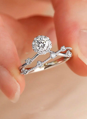 周家灿若星辰钻戒银镀18K金群镶仙女戒指求婚镶嵌莫桑石 闪耀星河