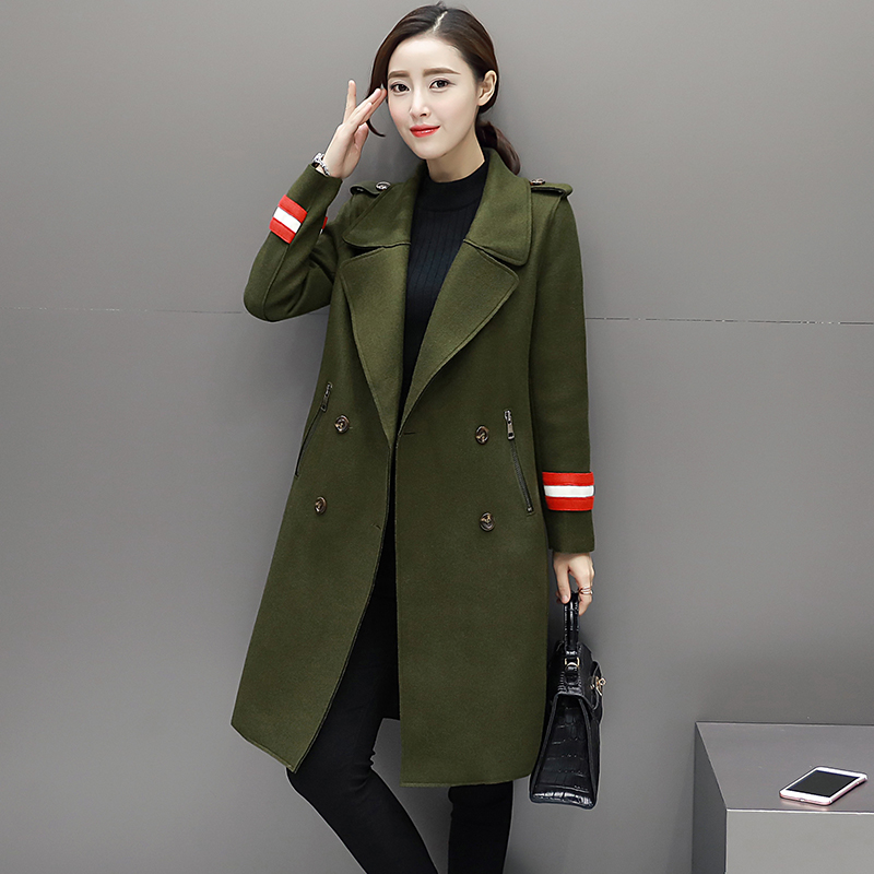 Autumn and Winter Womens Long Woolen Coat Green Army Woolen Coat Female Coat