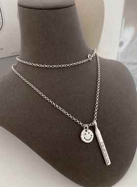 韩国东大门复古泰银笑脸项链女长款毛衣链简约冷淡风饰品吊坠