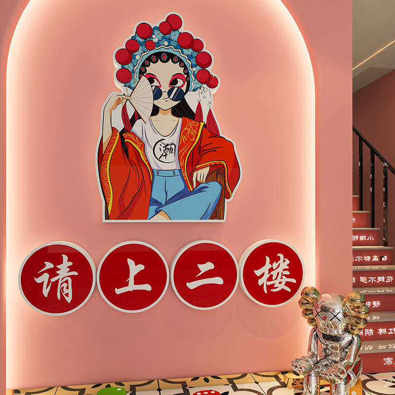 欢迎光临墙贴纸挂画楼梯二楼指示牌国潮餐饮文化火锅饭店墙面装饰,淘宝优惠券,粉丝福利购,淘宝优惠卷