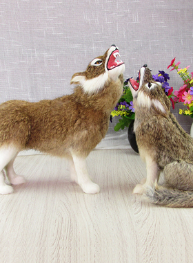 蹲狼叫狼 仿真狼 真皮仿真小狼 真皮手工工艺品 家居摆件 饰品