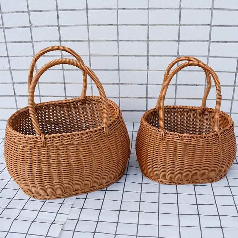 7K1仿藤塑料编织提手方形野餐篮PP仿藤篮购物篮菜篮采摘果篮子果 - 图2