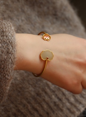 S925纯银手镯古法镀金复古气质天然和田玉小锁珐琅彩女款年轻款