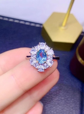 925银精工镶嵌瑞士蓝托帕石戒指