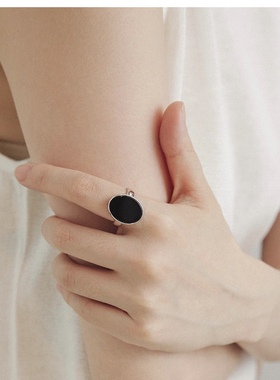 纯银光面黑玛瑙活口戒指小众个性