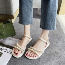 Rome Sandals Women 2023 Summer New Flat Bottom Fairy Wind Pearl Ladies with Fashion Lady Shoes
