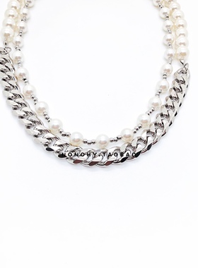 范丞丞同款双层珍珠钛钢叠带古巴链拼接项链个性嘻哈风男女锁骨链