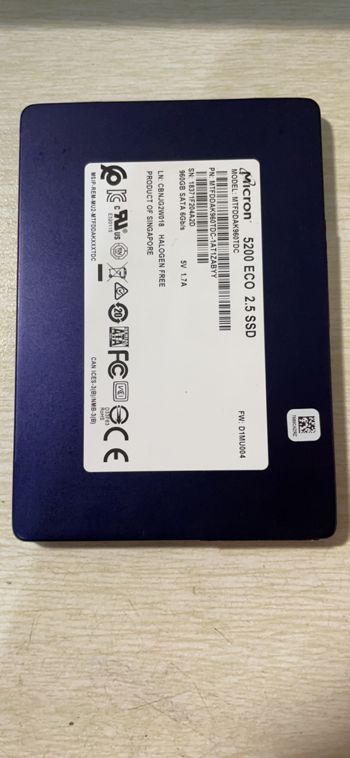 镁光960G SATA 2.5寸 5200ECO MTFDDAK960TDC - 图0