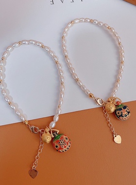 新品吞金兽手链 3-4MM天然高品质淡水小米珍珠 14k注金景泰蓝工艺