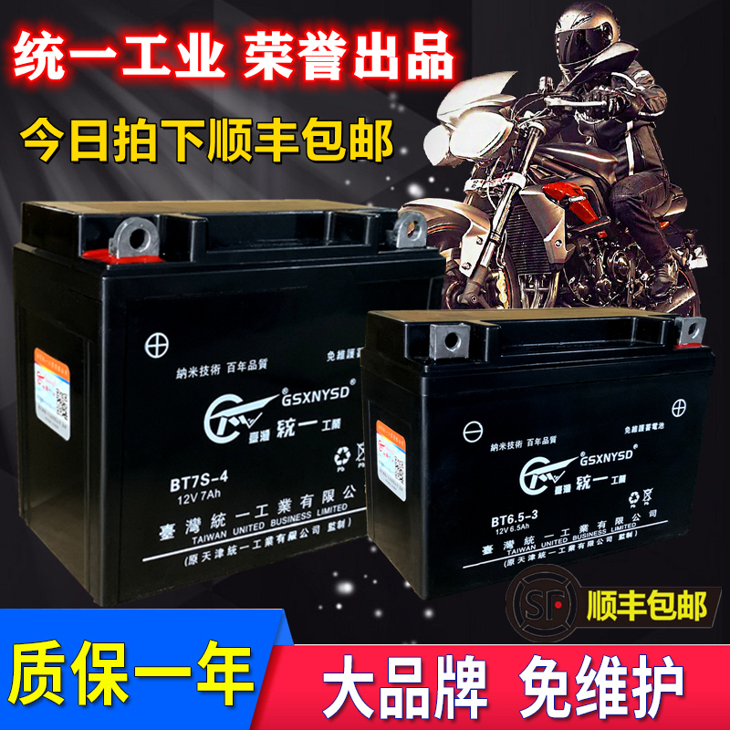 统一工业摩托车电瓶12V免维护通用7a9a125踏板弯梁助力车干蓄电池 - 图0