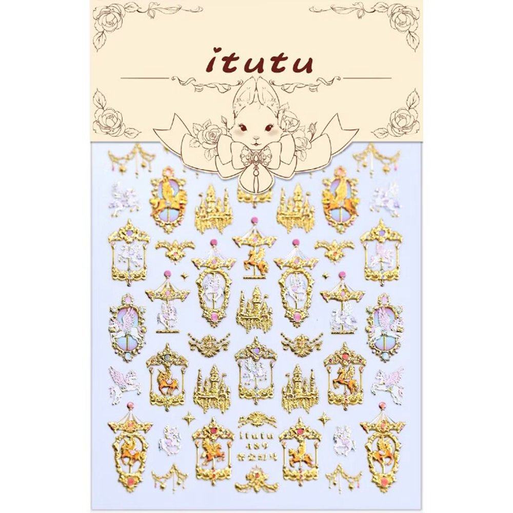 2026马年美甲贴纸高级感烫金色旋转木马城堡独角兽浮雕饰品指甲贴,淘宝优惠券,粉丝福利购,淘宝优惠卷