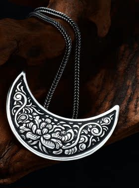 990纯银吊坠足银项坠牡丹花月牙文艺坠子挂件古风汉服项链配饰女