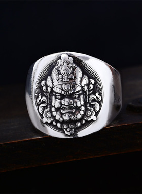 黄财神999纯银戒指指环99足银饰品素银刻花民族风古风文艺伸缩口