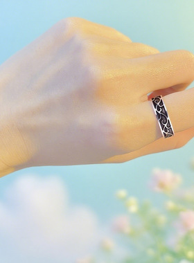 999纯银戒指银指环足银饰品古法唐草卷草纹古典开口男女款可调节