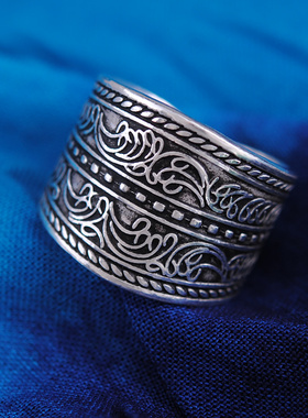 卷草纹饰品足银古法开口宽面戒指