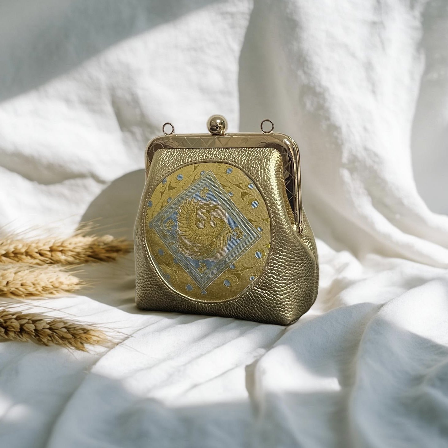 钱小萍方格孔雀羽翎纹锦真丝宋锦牛皮包包，金色手提包礼服晚宴包,淘宝优惠券,粉丝福利购,淘宝优惠卷