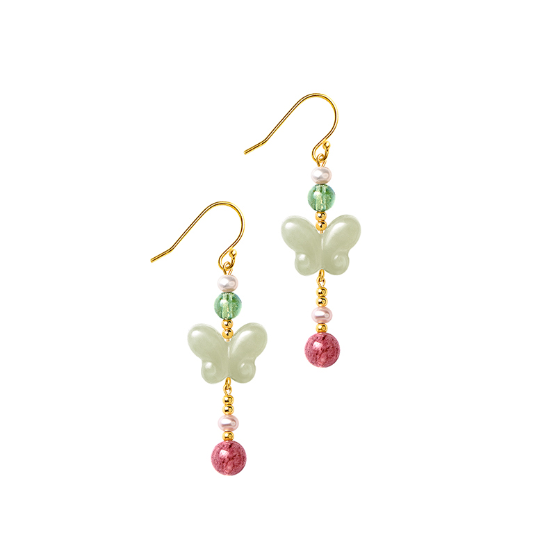 觉人天然和田玉蝴蝶耳饰银镀金草莓水晶耳环耳夹礼物[莓好将至],淘宝优惠券,粉丝福利购,淘宝优惠卷