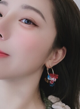 韩系清新波点彩珠花朵耳夹