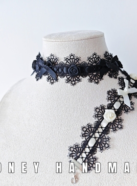 纯手工蝴蝶结小玫瑰蕾丝绸带镂空项链黑白锁骨链脖带女生个性颈圈