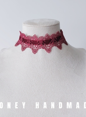 暗黑系酒红色蕾丝绑带蝴蝶结choker项圈女脖子饰品长飘带锁骨链