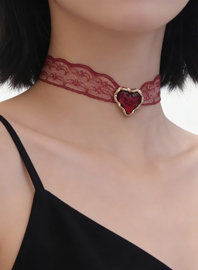 纯欲少女新年红蕾丝choker爱心千禧辣妹高级显白锁骨链项圈女