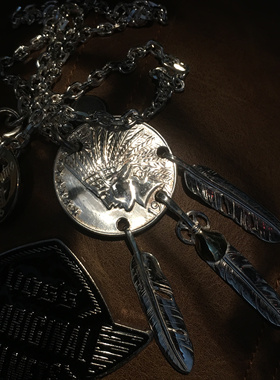 925纯银复古摩根币印第安羽毛纯银项链 街头复古