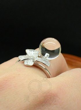 S925银镶天然白水晶蝴蝶开口戒