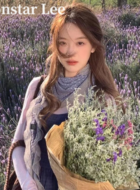 Monstar Lee神仙藤井树同款灰蓝色波点蕾丝边丝巾女薄款围脖围巾