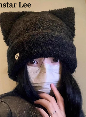 MonstarLee毛绒猫耳毛线帽女冬大头围加厚保暖针织帽可爱护耳冷帽