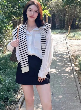 Monstar Lee白色条纹针织打结外搭小披肩女夏装饰假领子围巾搭肩