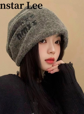MonstarLee慵懒风堆堆帽子女冬大头围冷帽加厚保暖针织护耳包头帽