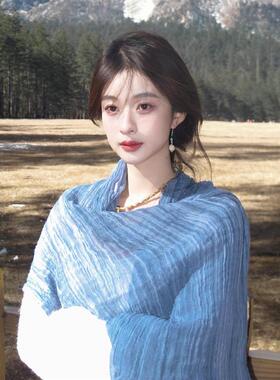 MonstarLee蓝色文艺薄款棉麻围巾女大西北川西旅游长丝巾披肩外搭