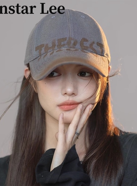 Monstar lee美式复古灰色做旧棒球帽子女大头围宽檐显脸小鸭舌帽