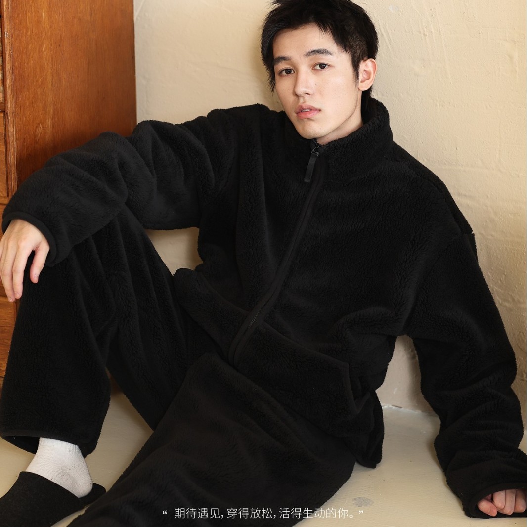 珂希卡冬季新款男士睡衣立领拉链套装珊瑚绒加厚保暖宽松家居服