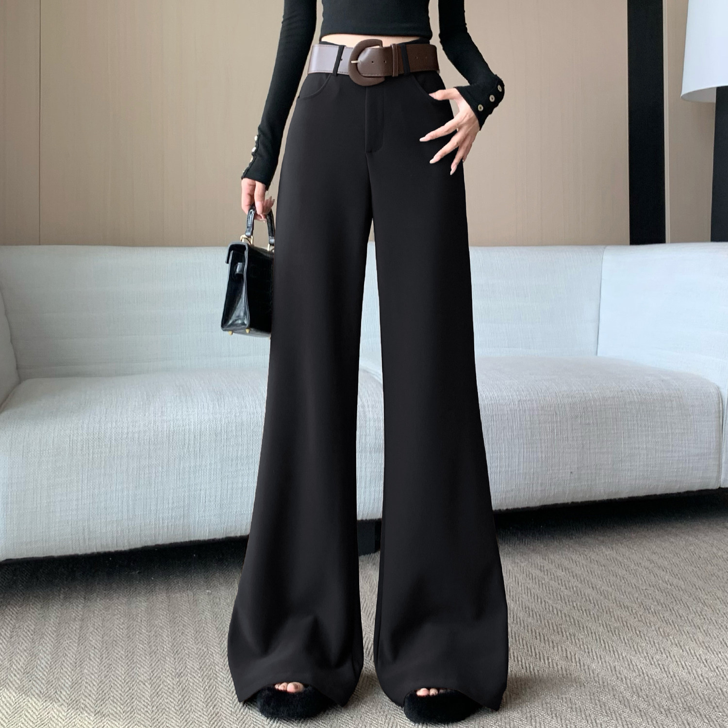 奶卡色不贴腿阔腿微喇裤女2026早春新款时尚高腰垂感拖地西装裤,淘宝优惠券,粉丝福利购,淘宝优惠卷