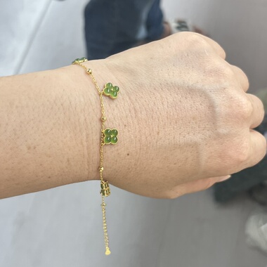 天然和田玉碧玉四叶草手链925银镶嵌碧玉四叶草手链国风送妈妈礼