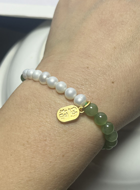 和田玉碧玉珠手串搭配碧玉淡水珍珠手串送女友礼物叠戴手串新中式
