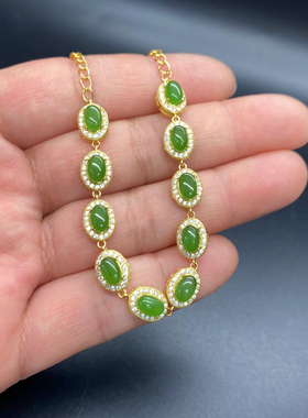 和田玉碧玉手链925银镶嵌可调节手饰苹果绿玉手镯百搭简约饰品