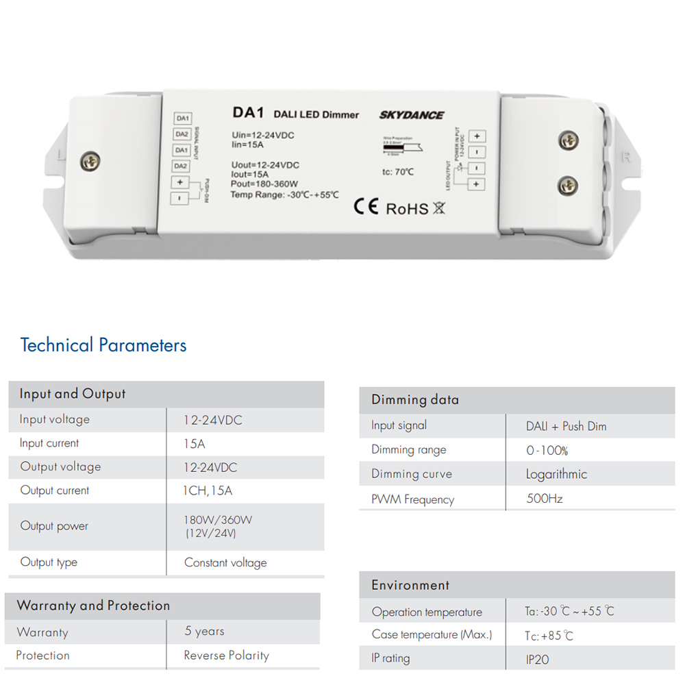 DALI LED Dimmer 12V 24V DC 1 Channel Constant Voltage 15A PW - 图0