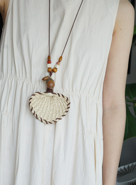 原创夏季自然系松果迷你手工草编扇挂脖项链 小扇子团扇装饰挂件