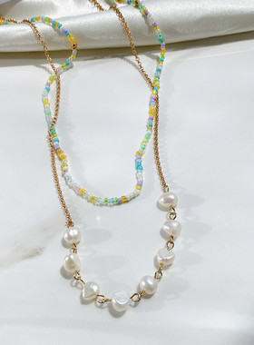 欧美外贸饰品清新甜美度假风设计感双层叠戴锁骨米珠淡水珍珠项链