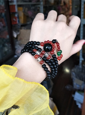 时尚风多层弹力黑色玛瑙串珠手链