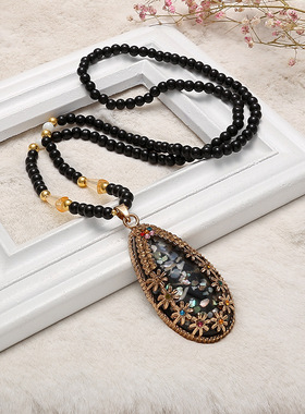 黑色贝壳花纹长款女毛衣链项链