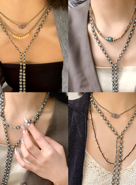 法国Bohemian Rhapsodie波西米亚风灰色珍珠项链天然半宝石长链