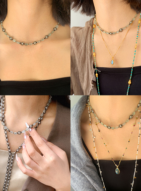 法国Bohemian Rhapsodie波西米亚风海蓝宝黄铁矿项链天然半宝石