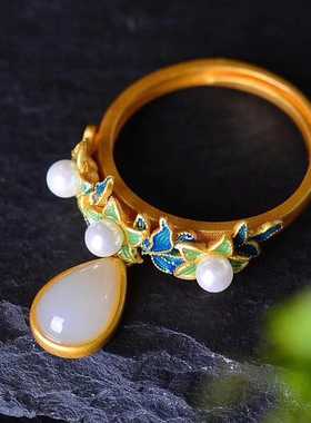 天醉水滴纯银古法镀金景泰蓝戒指