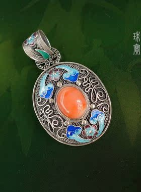 镶嵌红色宝石吊坠景泰蓝手工银饰