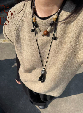 VITREQYOUS  量少！手工陶瓷珠檀木流苏串珠蜡绳原创长链毛衣链